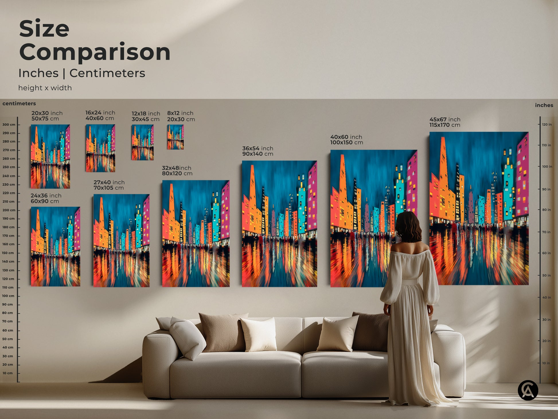Size comparison of modern abstract cityscape canvas and poster prints. Ranging from 8x12 to 45x67 inches. The art brings urban nightlife to life with teal blue orange and pink hues. Ideal contemporary wall art for any room.