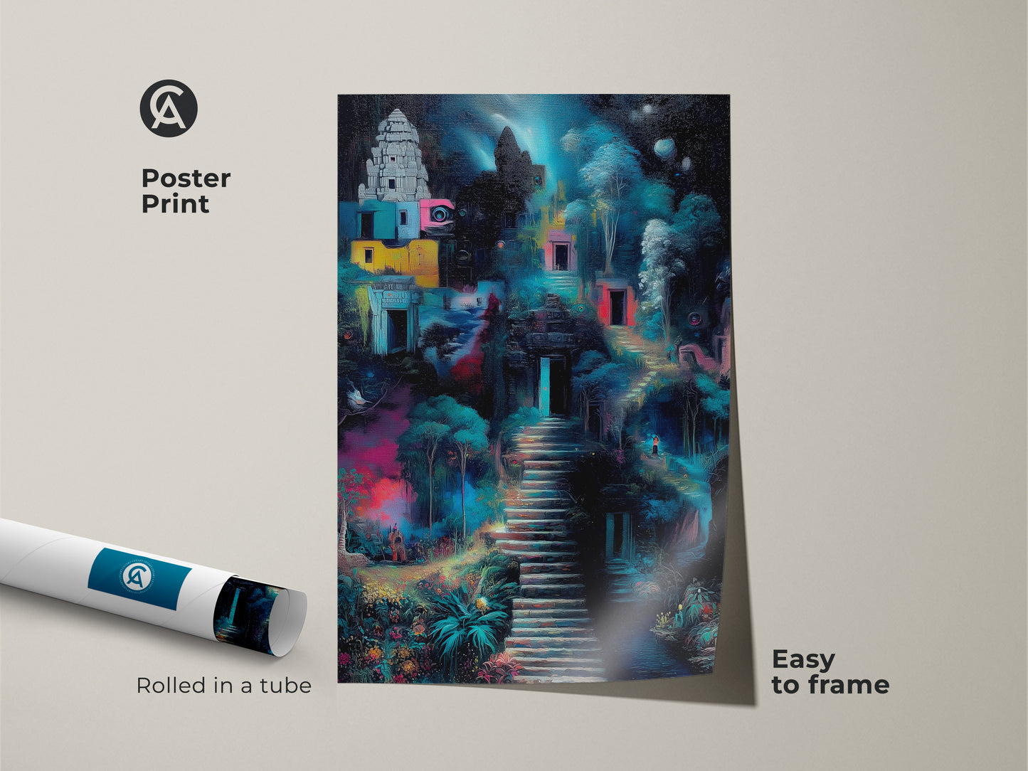 Framed canvas of fantasy architecture. The black floating frame enhances the vibrant colors. Ready to hang surreal temple artwork. Adds an eclectic touch to any room decor.
