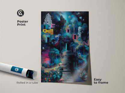 Framed canvas of fantasy architecture. The black floating frame enhances the vibrant colors. Ready to hang surreal temple artwork. Adds an eclectic touch to any room decor.