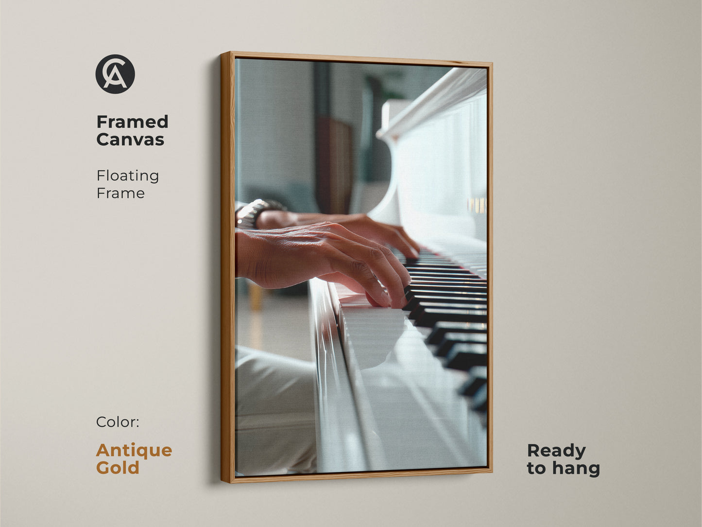 Antique gold framed piano art. The artwork shows hands playing a white grand piano. The floating frame has a classic look. Ready to hang and admire. A great addition to any art collection. Shop this beautiful piece now