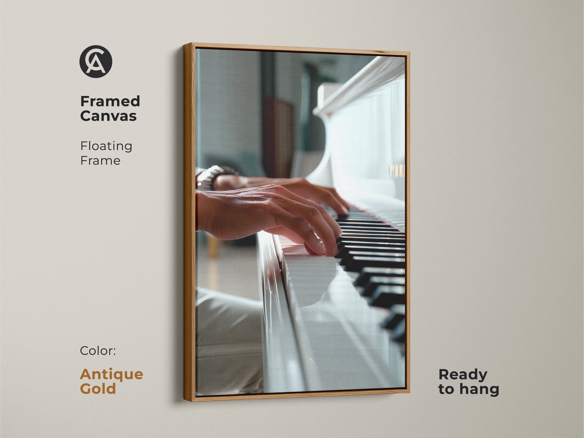 Antique gold framed piano art. The artwork shows hands playing a white grand piano. The floating frame has a classic look. Ready to hang and admire. A great addition to any art collection. Shop this beautiful piece now