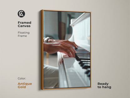 Antique gold framed piano art. The artwork shows hands playing a white grand piano. The floating frame has a classic look. Ready to hang and admire. A great addition to any art collection. Shop this beautiful piece now