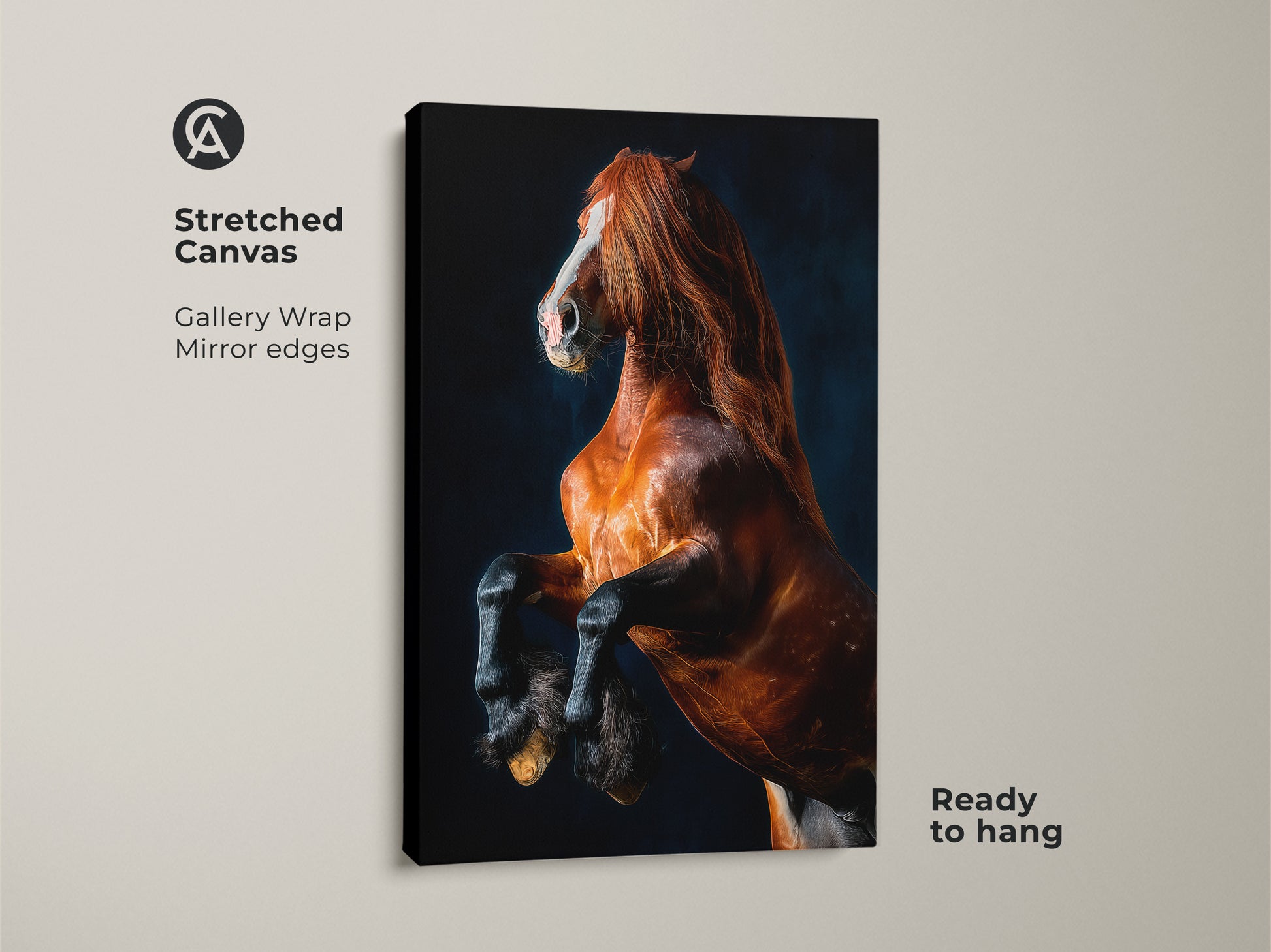 Stunning brown horse canvas print. This equine animal artwork captures a rearing horse. Perfect for contemporary wildlife decor. It's ready to hang with gallery wrap and mirror edges. Ideal housewarming gift for him or her a dramatic focal point.