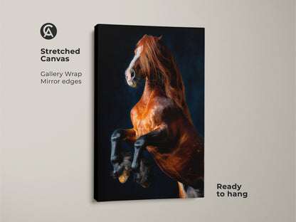 Stunning brown horse canvas print. This equine animal artwork captures a rearing horse. Perfect for contemporary wildlife decor. It's ready to hang with gallery wrap and mirror edges. Ideal housewarming gift for him or her a dramatic focal point.