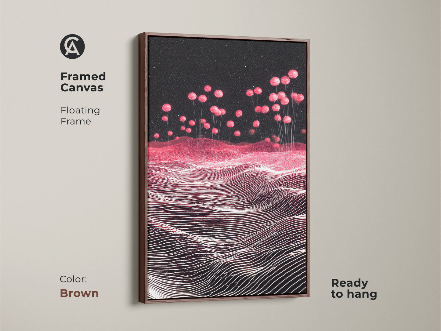 Brown Framed Canvas featuring a Sci-Fi Abstract Landscape. Pink Balloons rise in a Magenta Starry Sky. This contemporary artwork enhances any room. The floating frame adds a stylish touch. Perfect for home office decor. A unique gift for abstract art enthusiasts.