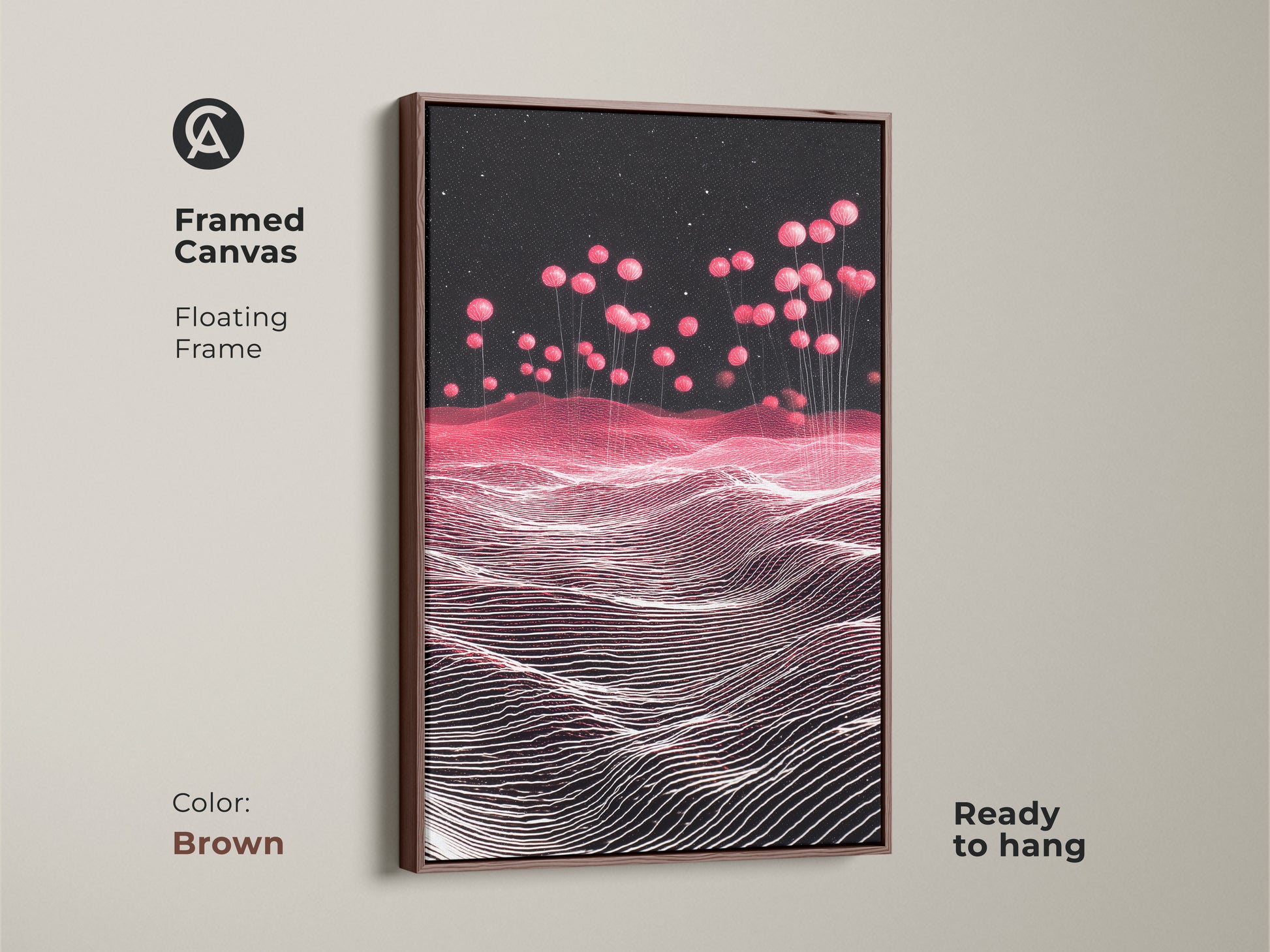 Brown Framed Canvas featuring a Sci-Fi Abstract Landscape. Pink Balloons rise in a Magenta Starry Sky. This contemporary artwork enhances any room. The floating frame adds a stylish touch. Perfect for home office decor. A unique gift for abstract art enthusiasts.