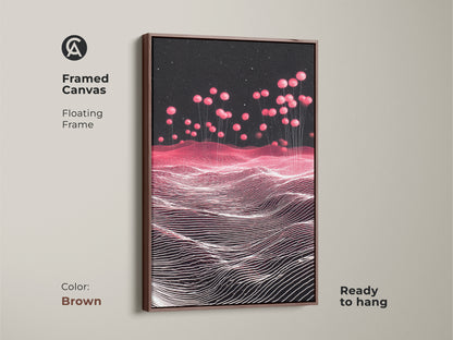Brown Framed Canvas featuring a Sci-Fi Abstract Landscape. Pink Balloons rise in a Magenta Starry Sky. This contemporary artwork enhances any room. The floating frame adds a stylish touch. Perfect for home office decor. A unique gift for abstract art enthusiasts.