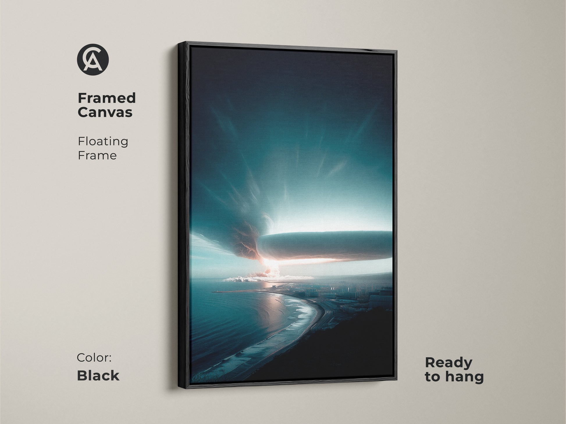 Framed Canvas featuring a deep blue coastal cityscape. The black floating frame enhances the contemporary art. This piece shows a stormy ocean and dramatic sky. Ready to hang artwork for a modern home. Perfect housewarming gift.