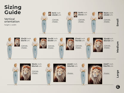 Sizing guide for the lion art print vertical orientation. Sizes range from small to large. The canvas and poster options are available in multiple dimensions. This photorealistic artwork can be tailored to fit your specific wall space. Choose the perfect size for your decor.