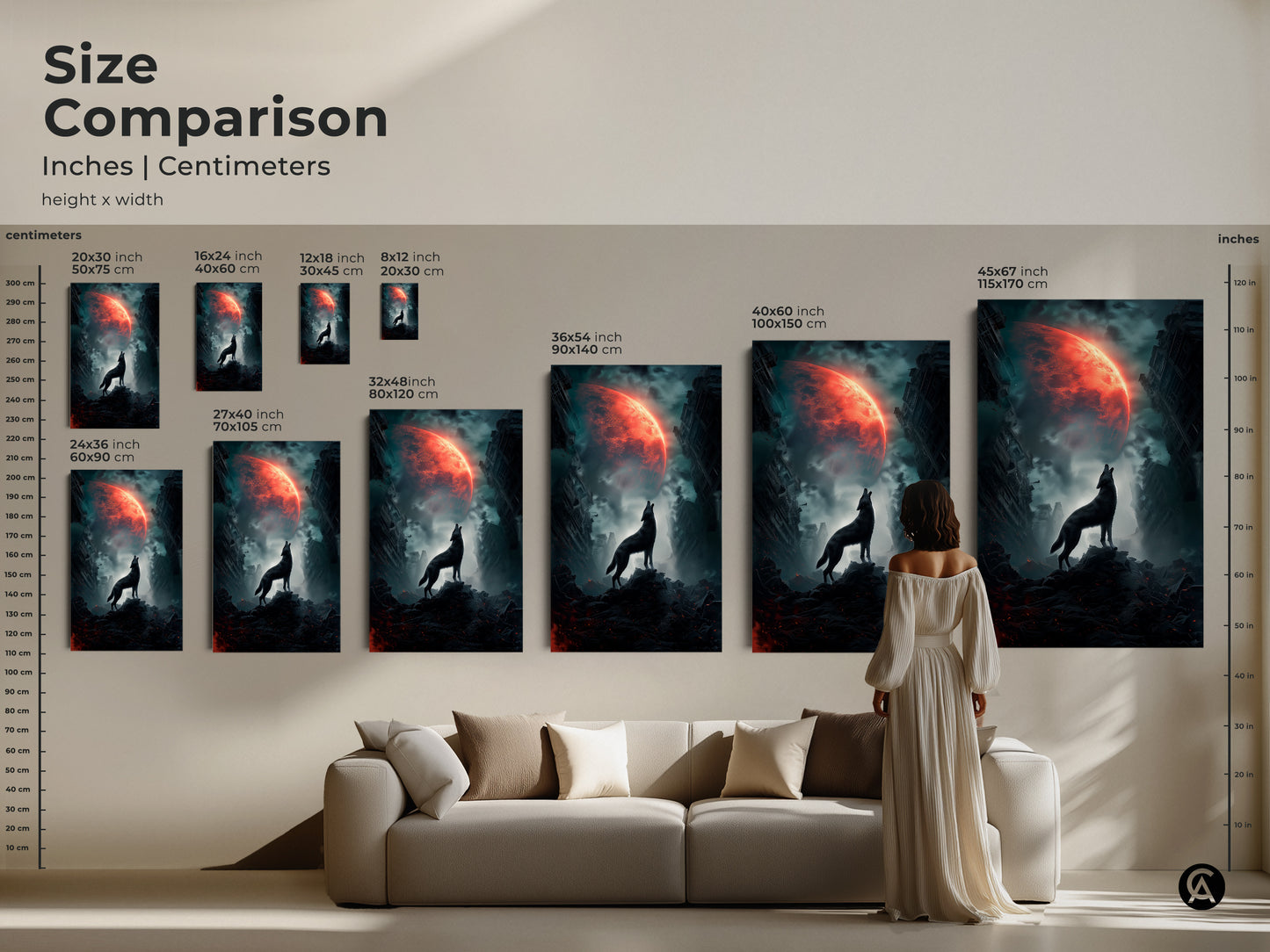 Size comparison of wolf howling at crimson moon artwork in inches and centimeters. Visualize the impact of different sizes on your living space. Post-apocalyptic wolf decor for sci-fi fans and stargazer gifts. Abstract wolf art.