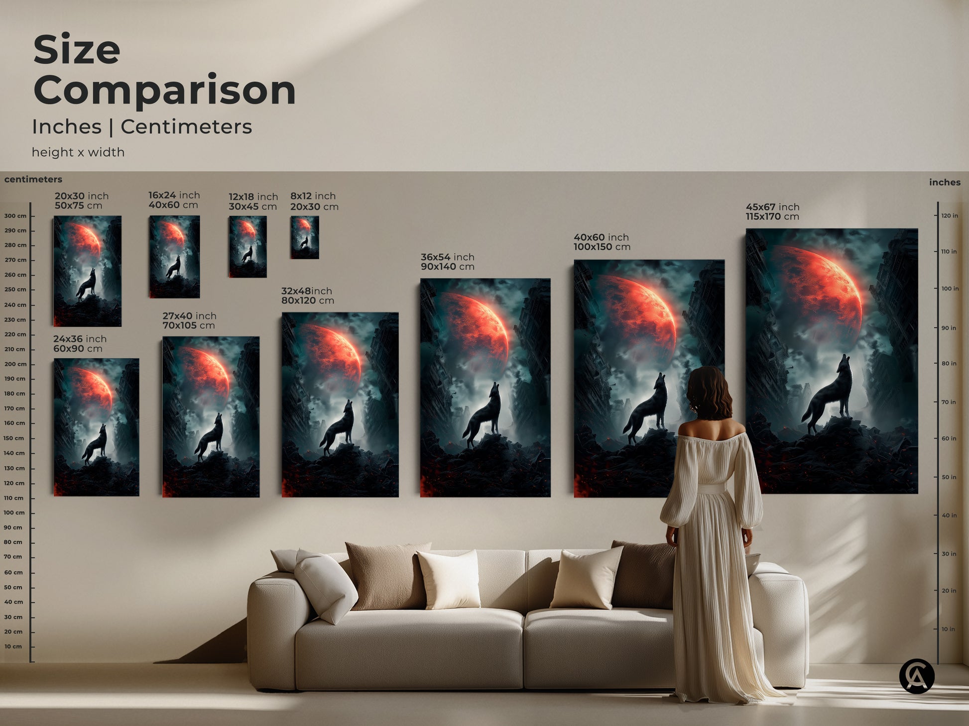 Size comparison of wolf howling at crimson moon artwork in inches and centimeters. Visualize the impact of different sizes on your living space. Post-apocalyptic wolf decor for sci-fi fans and stargazer gifts. Abstract wolf art.