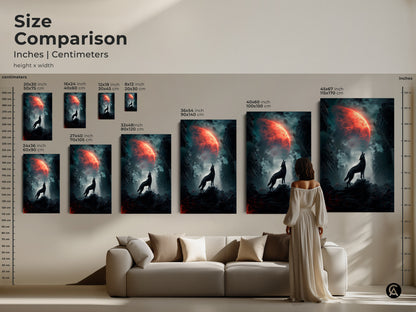 Size comparison of wolf howling at crimson moon artwork in inches and centimeters. Visualize the impact of different sizes on your living space. Post-apocalyptic wolf decor for sci-fi fans and stargazer gifts. Abstract wolf art.