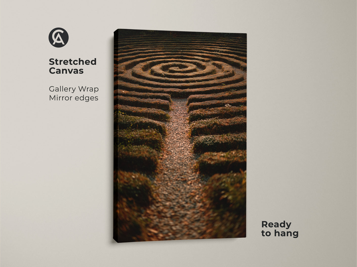 Stretched canvas of a hedge maze garden photo. The gallery wrap with mirrored edges creates a stunning visual effect. Ready to hang this boho garden wall art features green yellow and brown landscape art. It is perfect as entryway home decor or for nature lovers a thoughtful housewarming gift.