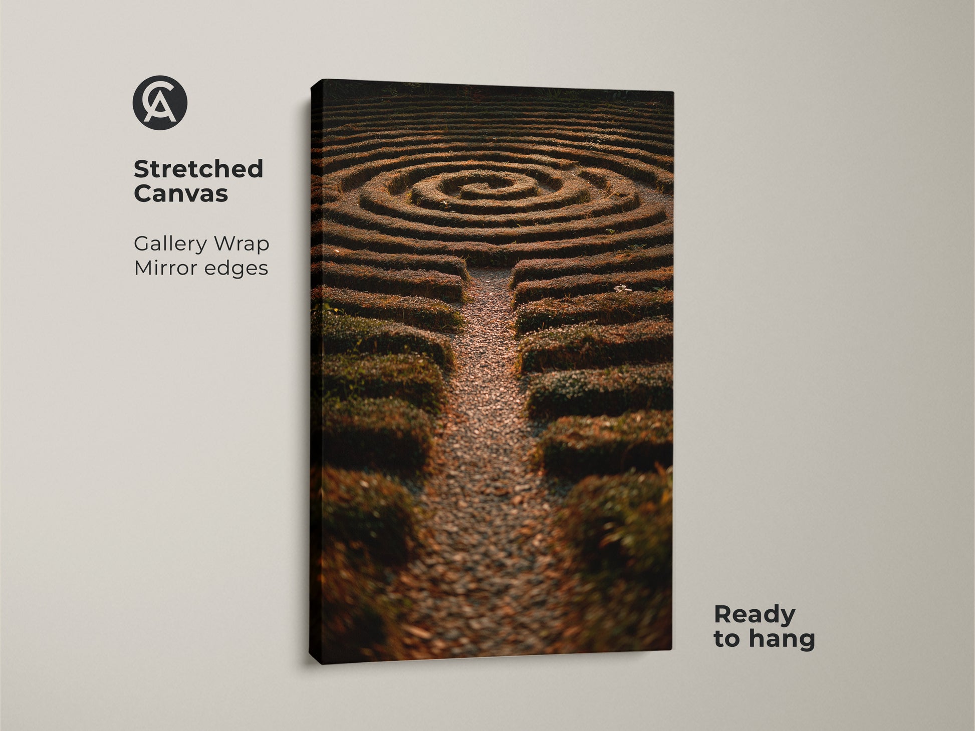 Stretched canvas of a hedge maze garden photo. The gallery wrap with mirrored edges creates a stunning visual effect. Ready to hang this boho garden wall art features green yellow and brown landscape art. It is perfect as entryway home decor or for nature lovers a thoughtful housewarming gift.