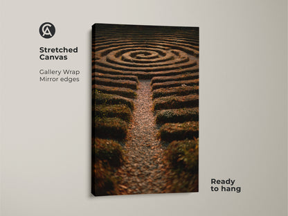 Stretched canvas of a hedge maze garden photo. The gallery wrap with mirrored edges creates a stunning visual effect. Ready to hang this boho garden wall art features green yellow and brown landscape art. It is perfect as entryway home decor or for nature lovers a thoughtful housewarming gift.