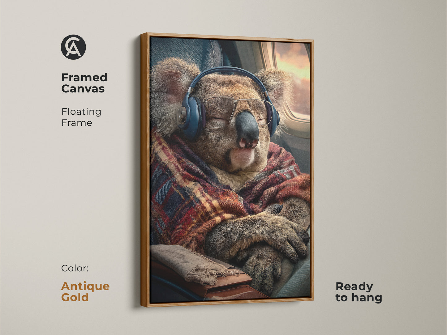 Framed canvas in antique gold featuring a koala on an airplane it is ready to hang. This animal art adds eclectic style to any room. Surprise travel lovers with this unique gift. Enhance your home decor with this premium koala print today