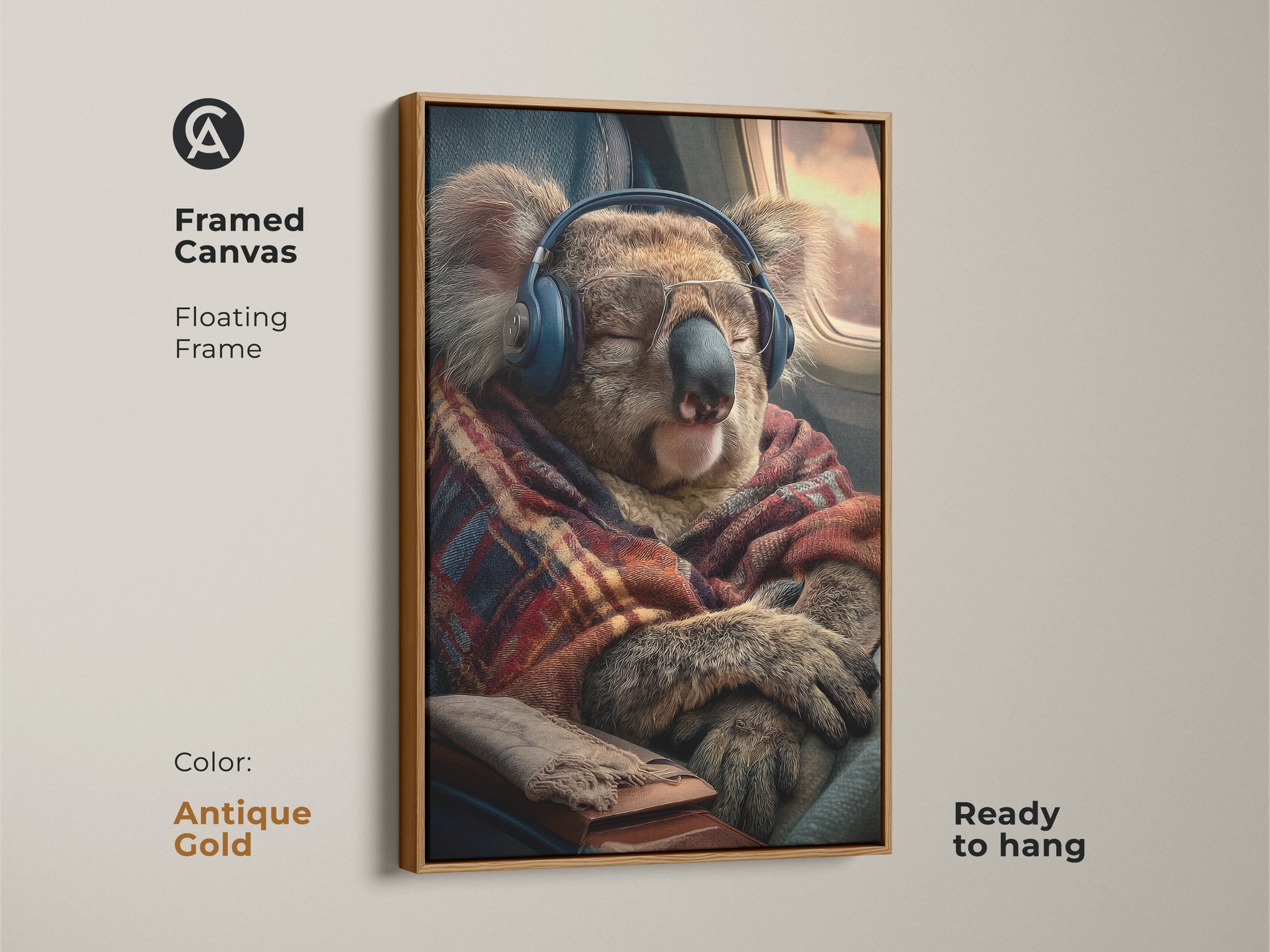 Framed canvas in antique gold featuring a koala on an airplane it is ready to hang. This animal art adds eclectic style to any room. Surprise travel lovers with this unique gift. Enhance your home decor with this premium koala print today