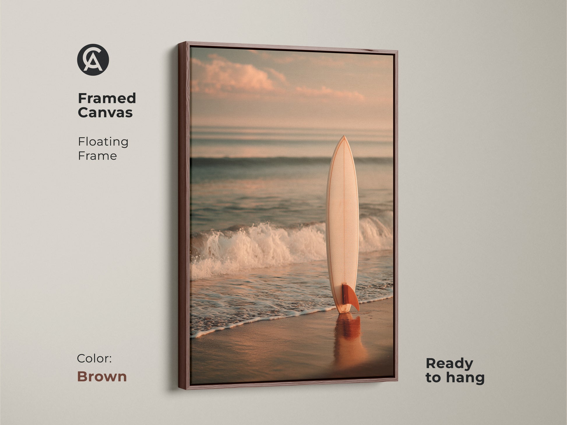 Brown framed canvas art displaying a surfboard on a beach. The floating frame enhances the artwork. It is ready to hang. This piece brings a touch of coastal charm to your home. Perfect for ocean lovers.