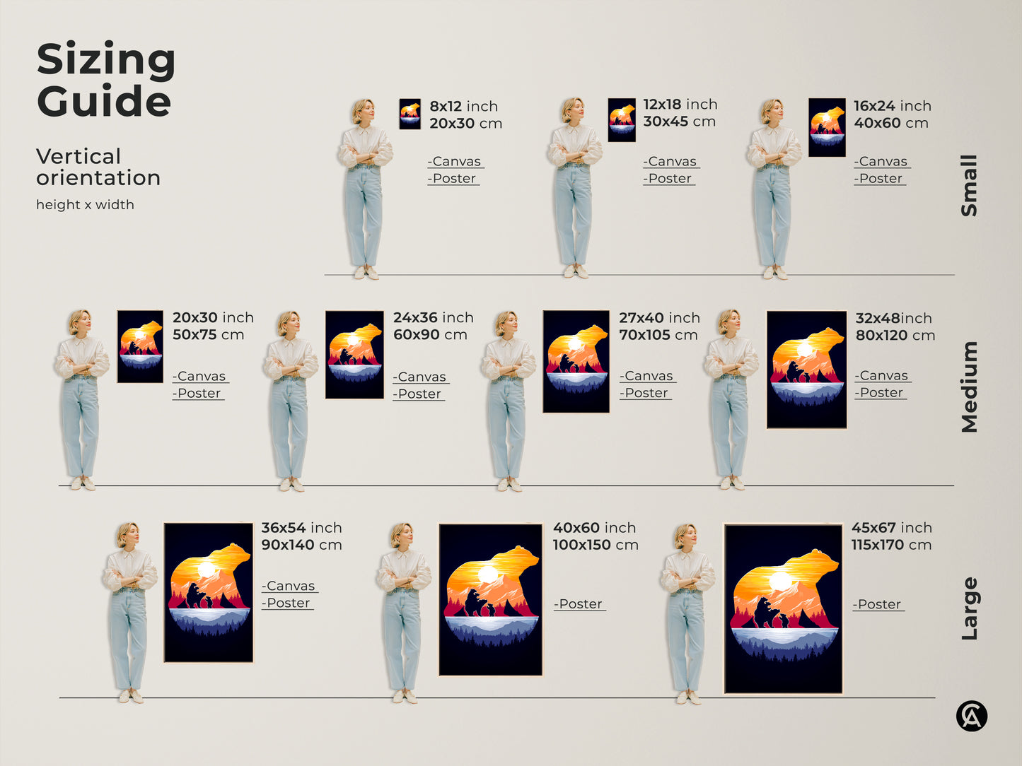 Sizing guide for vertical bear family art prints are shown. Options include canvas and poster in small medium and large. Find the perfect fit for any space with 8x12 inch to 45x67 inch. It transforms any room with outdoor lover gift art.