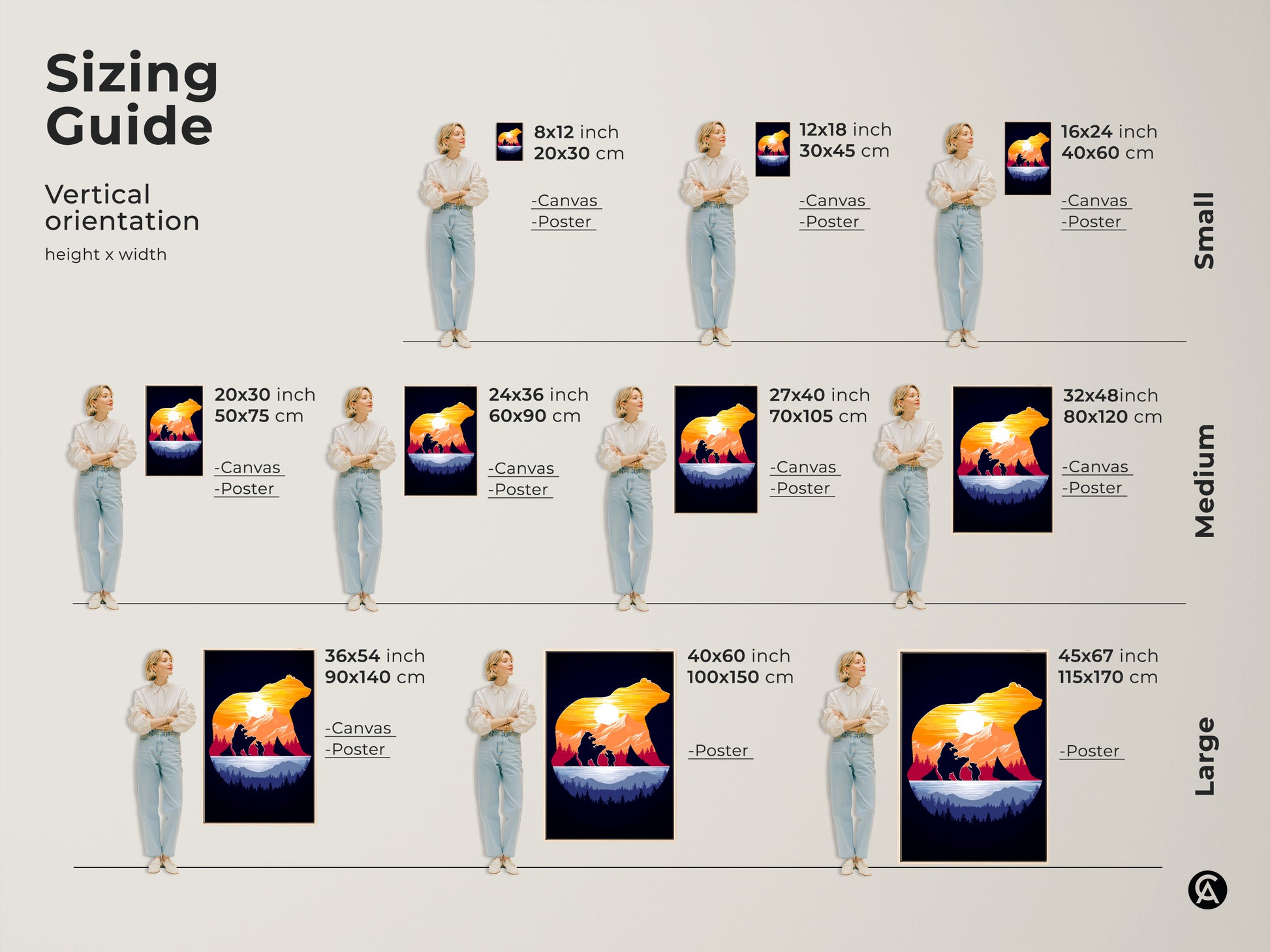 Sizing guide for vertical bear family art prints are shown. Options include canvas and poster in small medium and large. Find the perfect fit for any space with 8x12 inch to 45x67 inch. It transforms any room with outdoor lover gift art.
