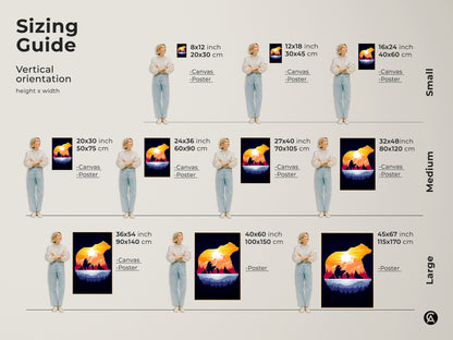 Sizing guide for vertical bear family art prints are shown. Options include canvas and poster in small medium and large. Find the perfect fit for any space with 8x12 inch to 45x67 inch. It transforms any room with outdoor lover gift art.