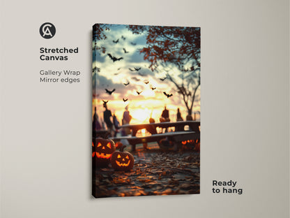A stretched canvas featuring Halloween jack o lantern art. Spooky bats are silhouetted against an autumn sunset. This gallery-wrapped canvas has mirrored edges. It is ready to hang. This eclectic home decor art brings seasonal festivity. A perfect gift for halloween lovers.