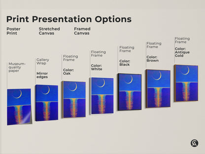 This image shows a sizing guide for vertical canvas and poster prints. Abstract moon art in various sizes from small to large is displayed. This guide helps visualize the artwork in different dimensions for your home.