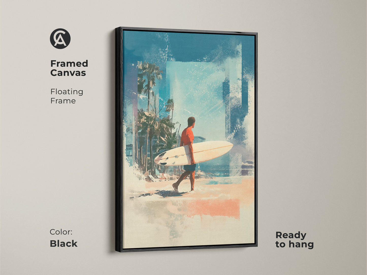 Enhance your home decor with this framed canvas art. The black floating frame adds a modern touch to the beach scene. The artwork features a surfer walking along the beach. The piece is ready to hang and enjoy. Find the perfect framed art for your home today.