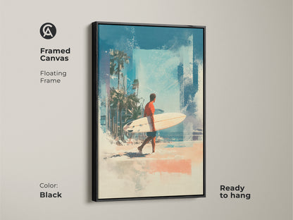 Enhance your home decor with this framed canvas art. The black floating frame adds a modern touch to the beach scene. The artwork features a surfer walking along the beach. The piece is ready to hang and enjoy. Find the perfect framed art for your home today.