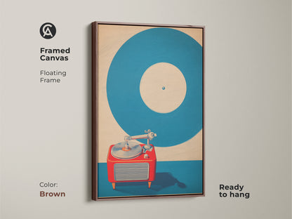 Framed canvas with a floating frame featuring mid-century modern turntable art. Brown frame complements the teal and red music wall art. Vintage record player poster is ready to hang. Pop art record collector gift for a home office. Cool music gift.