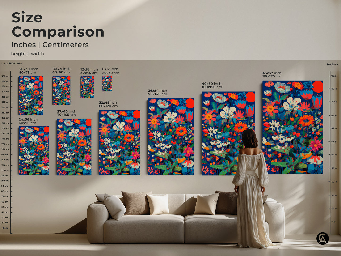 Size comparison of botanical abstract wall art in inches and centimeters. The art features deep blue coral red and teal colors. It complements living room decor for a plant lover's unique wall hangings.