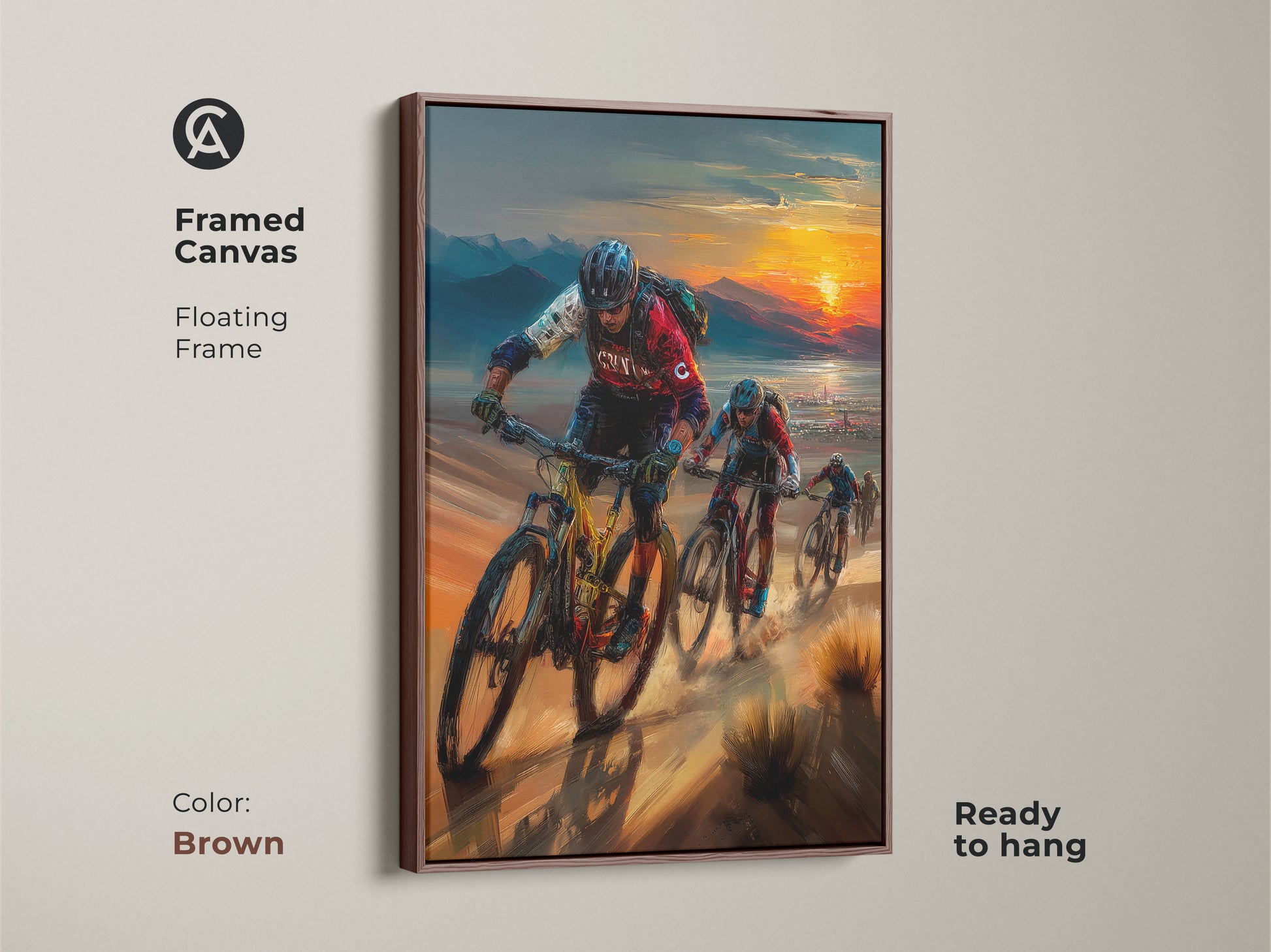 Experience the warmth of this mountain biking canvas art. It is framed in a floating brown frame. This sunset landscape wall art is ready to hang. This warm earth tones artwork brings adventure and contemporary decor to your walls. Show your love for cycling with this unique piece.