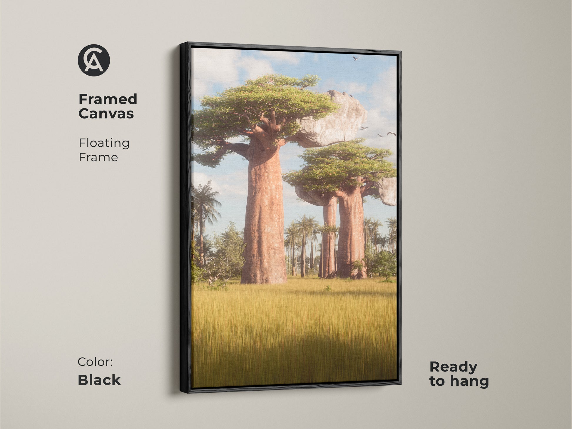 Framed Canvas featuring a floating frame. This African Baobab tree artwork has a black frame. It is ready to hang. The realistic landscape canvas is perfect for outdoor nature artwork. It has a large format landscape print.