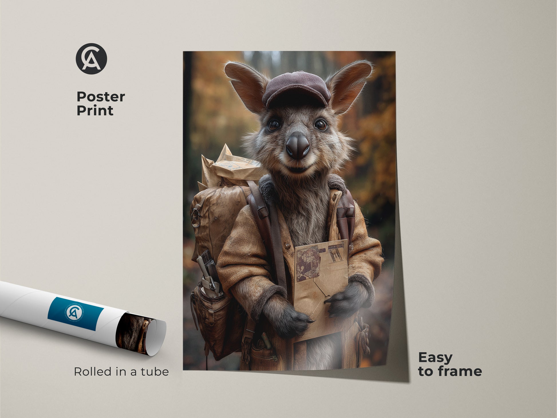A poster print displays a kangaroo mail carrier. Rolled in a tube this animal artwork is easy to frame. The earthy tones and unique character enhance any space. This is perfect wall art.