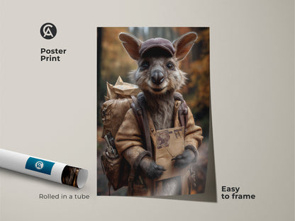 A poster print displays a kangaroo mail carrier. Rolled in a tube this animal artwork is easy to frame. The earthy tones and unique character enhance any space. This is perfect wall art.