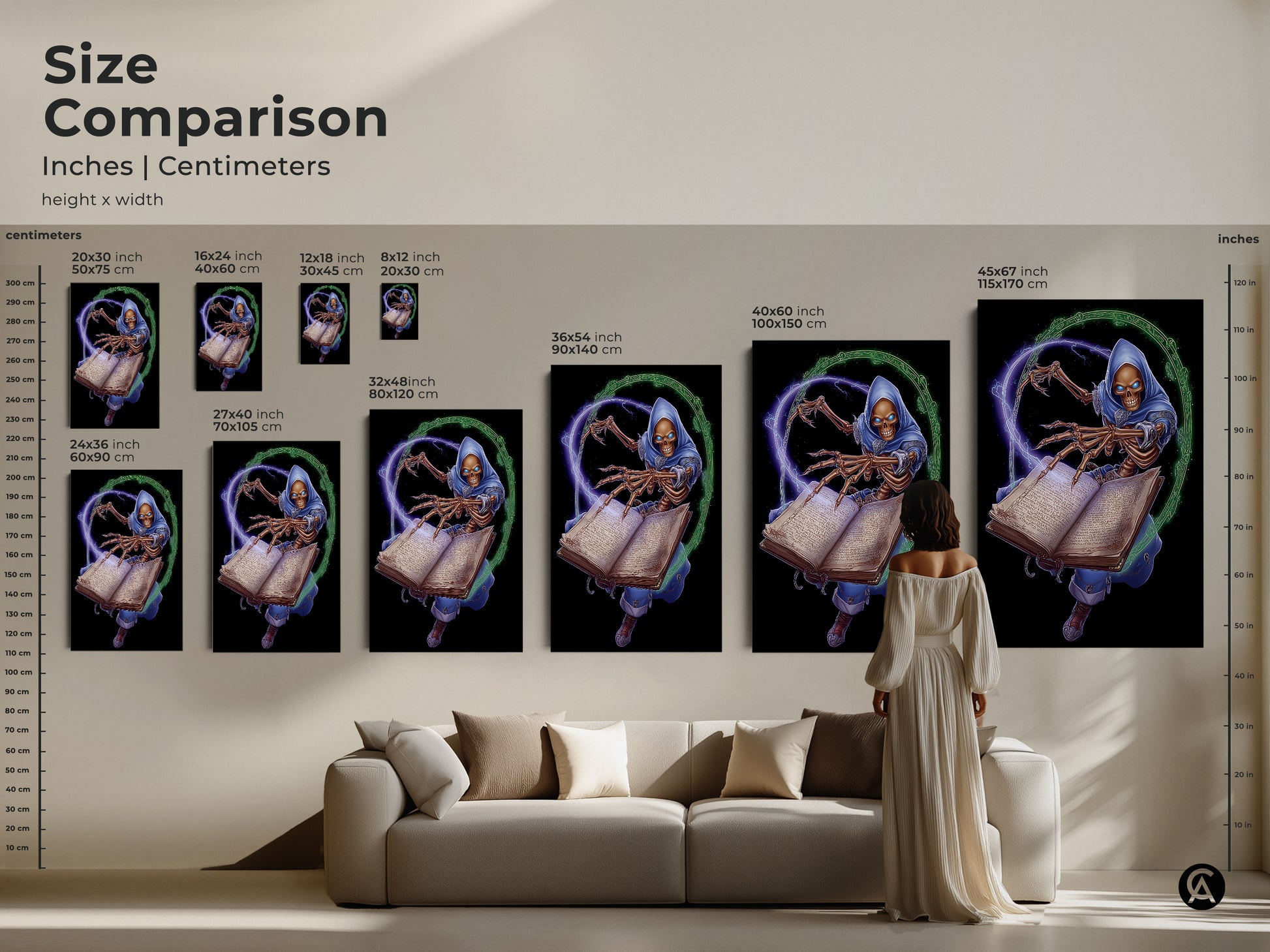 A size comparison featuring the skeleton wizard art in various sizes. Inches and centimeters are available. Sizes range from 20x30 cm to 45x67 inches. The canvas or poster adds dark fantasy to any home. Find the right size for you.