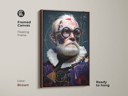 Steampunk portrait framed in brown offers an intellectual home decor accent. This canvas art blends abstract expressionism and geometric details. A unique gift idea for inventors and science fans.
