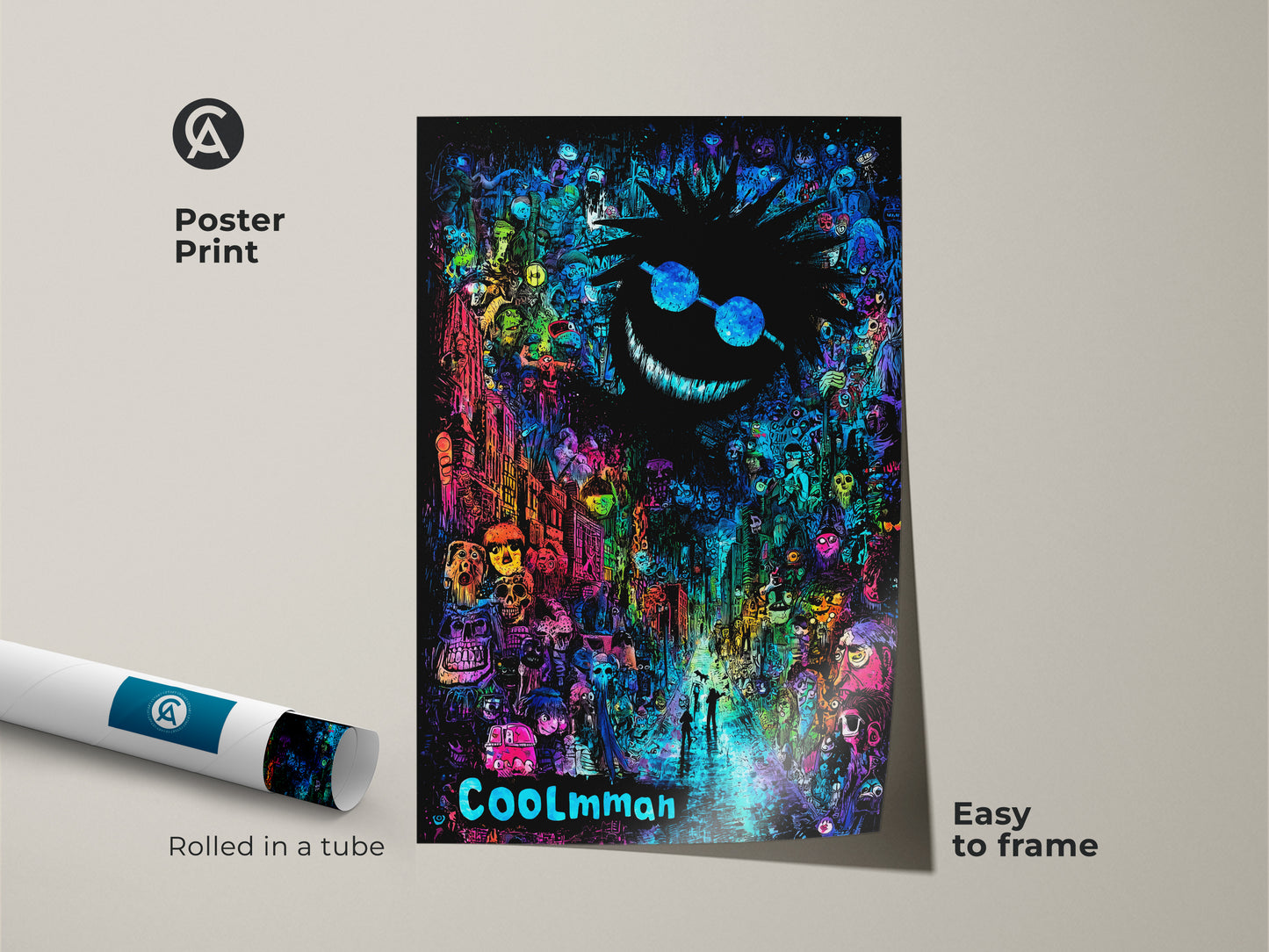 COOLmman poster print. This museum-quality paper print features a grinning face with sunglasses looming over a psychedelic street scene. The poster is easy to frame and adds a unique touch to any room.