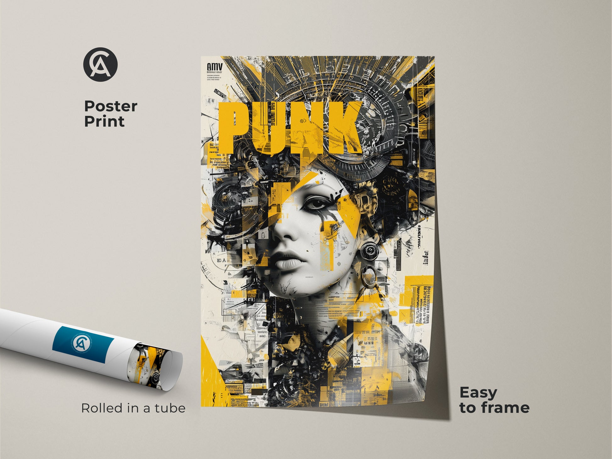 Poster print of a woman with punk style headwear. This museum-quality paper print is rolled in a tube for easy framing. The artwork features yellow black and white colors. Easy to frame.