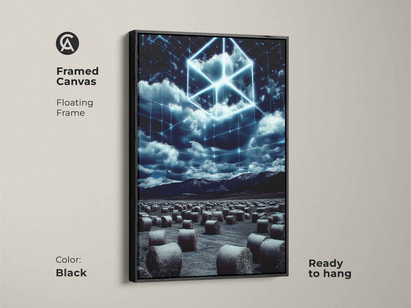 Framed Canvas of a Futuristic Landscape with an Electric Blue Cube. The floating frame is black and ready to hang. This modern artwork is ideal for tech lovers. Enhance your office or living space with this unique tech themed art.