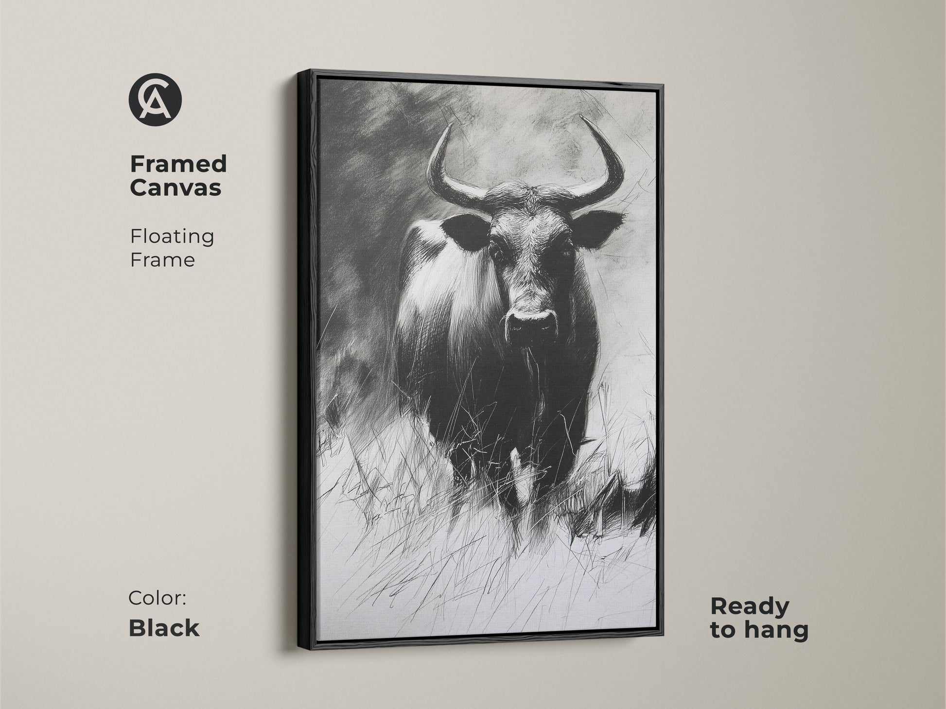 Framed canvas with a floating frame showcasing a buffalo charcoal sketch in black. This ready to hang wildlife artwork enhances rustic decor. It's a monochrome animal print for farmhouse style.