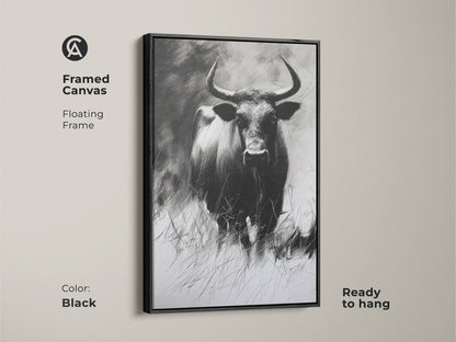 Framed canvas with a floating frame showcasing a buffalo charcoal sketch in black. This ready to hang wildlife artwork enhances rustic decor. It's a monochrome animal print for farmhouse style.