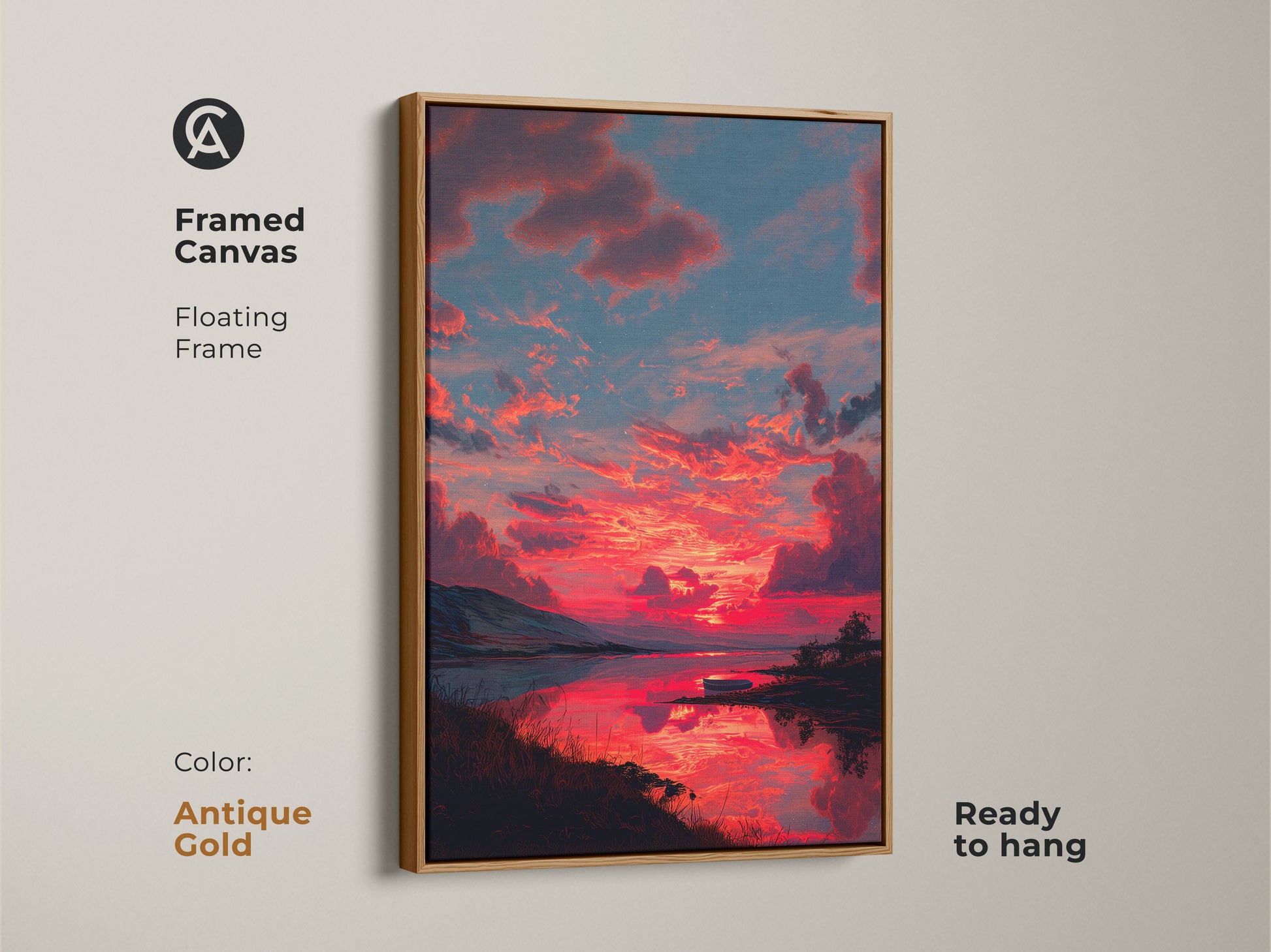 Framed canvas with a floating frame featuring a contemporary landscape painting of a crimson sunset. The antique gold frame enhances this expressive skyscape wall art. This nature wall decor is ready to hang. This modern home decor art is a perfect housewarming gift idea.