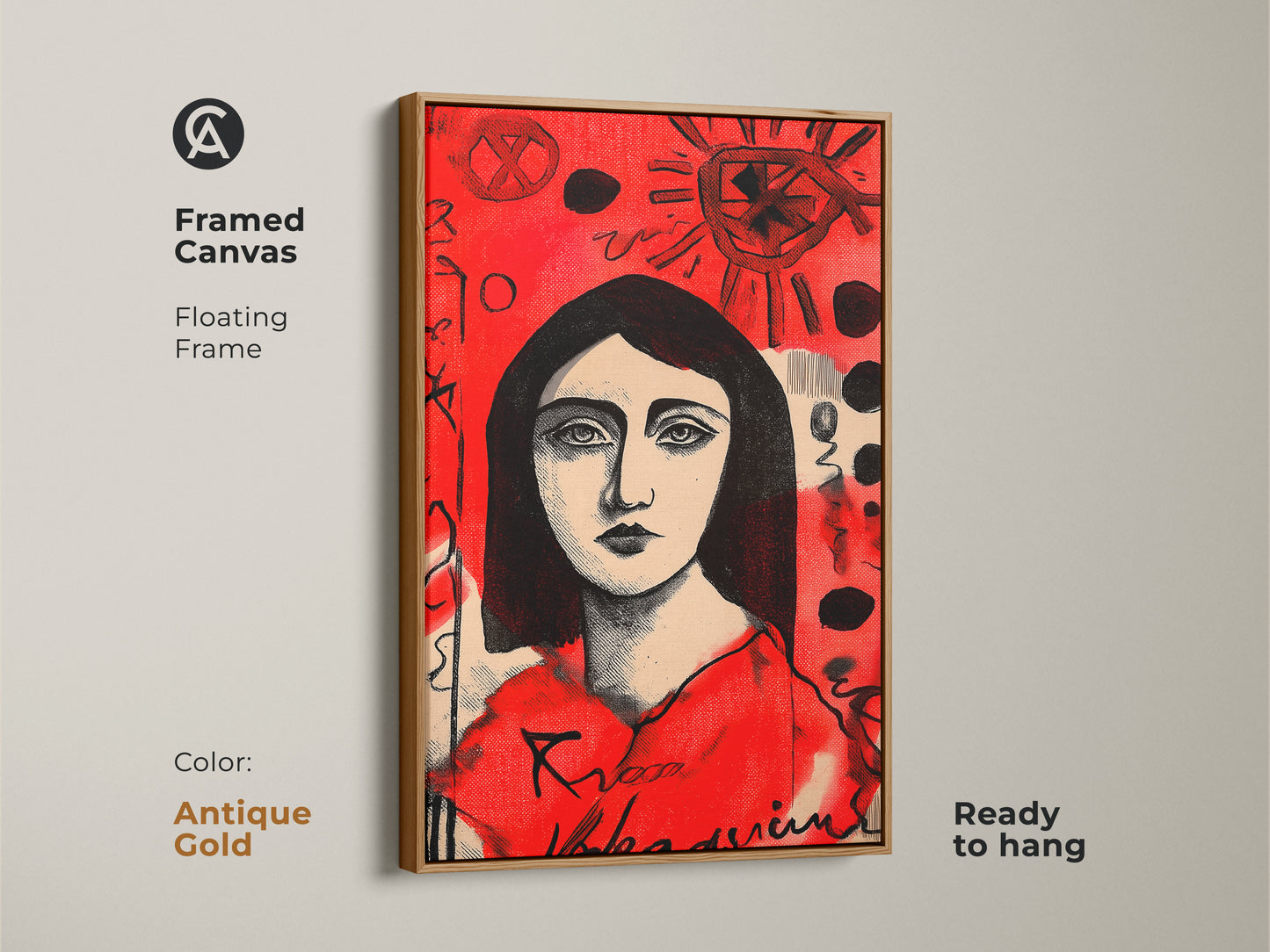 This framed canvas showcases a captivating woman's portrait art. The red background and symbolic elements add intrigue. The floating frame is antique gold and ready to hang. Enhance your home decor today.