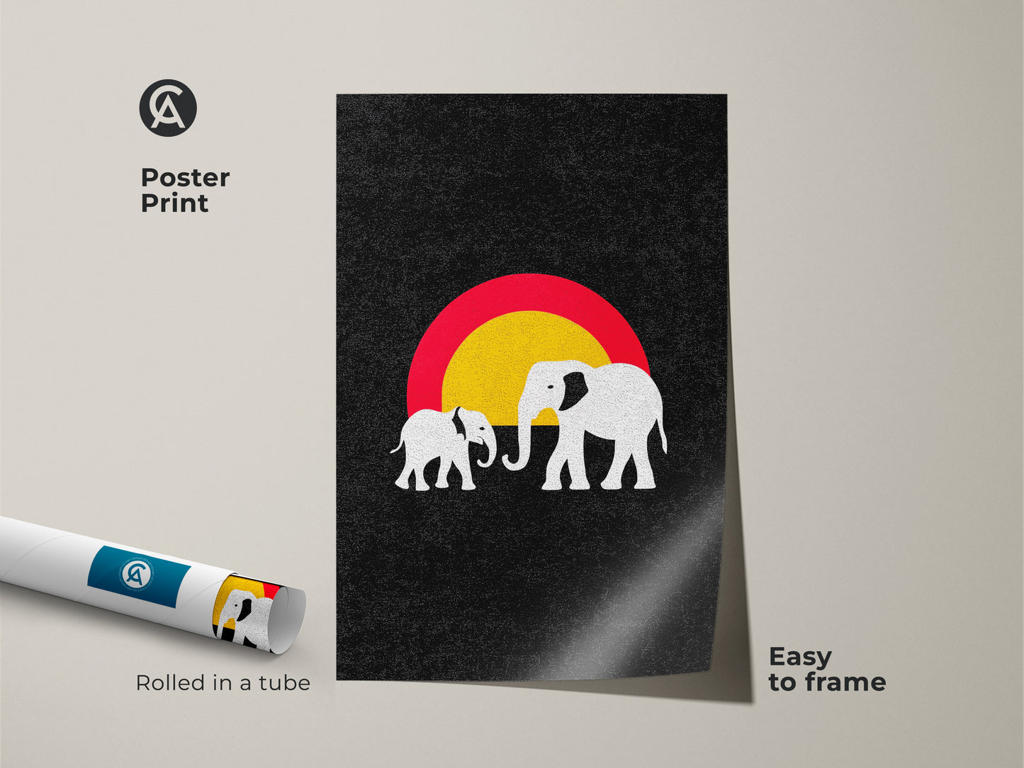 Poster print of minimalist elephant art. It is an abstract sun canvas. This black red and yellow print comes rolled in a tube. A unique wildlife wall art piece. Easy to frame. Great for eclectic home decor.