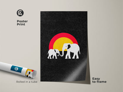 Poster print of minimalist elephant art. It is an abstract sun canvas. This black red and yellow print comes rolled in a tube. A unique wildlife wall art piece. Easy to frame. Great for eclectic home decor.