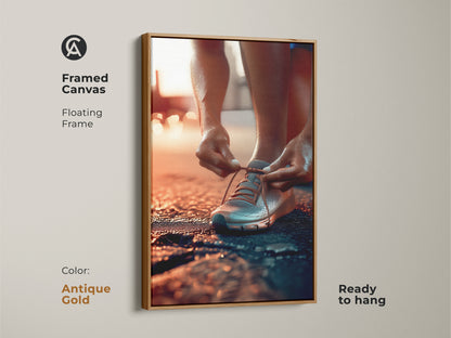Framed canvas art with an antique gold floating frame. This pre-run motivation art shows a person tying their shoe. The orange gray and teal tones create a contemporary style. Perfect gym wall art canvas.