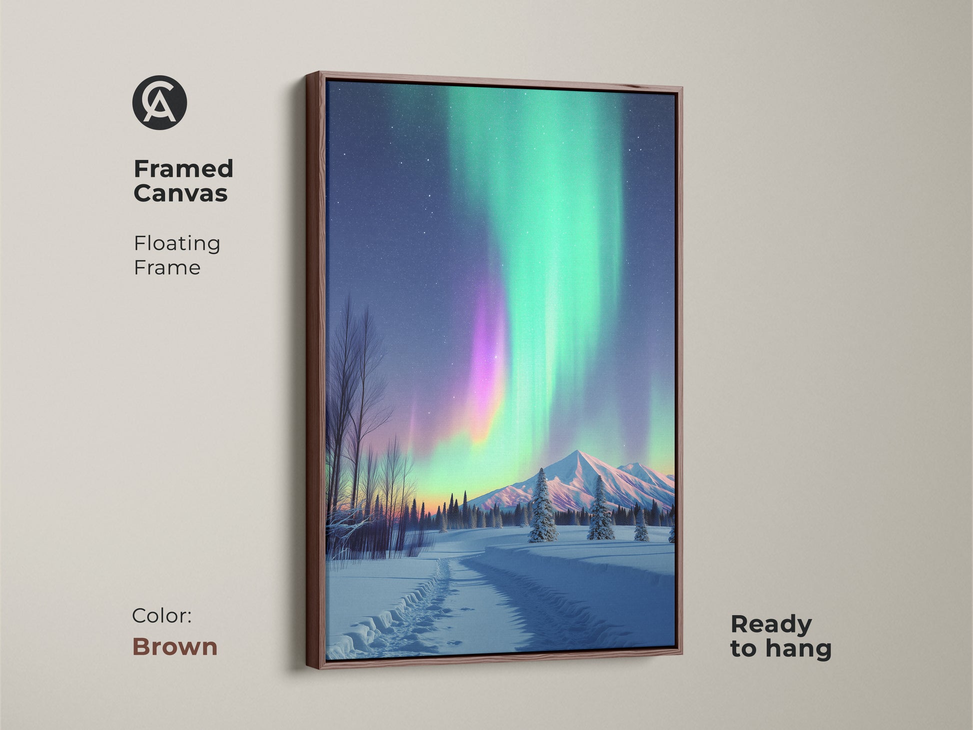 Framed canvas featuring the Northern Lights ready to hang in a brown floating frame. Aurora Borealis is displayed over a snowy mountain landscape. This green and purple artwork adds contemporary style. It is a perfect piece for bedroom living room or home office wall decor.