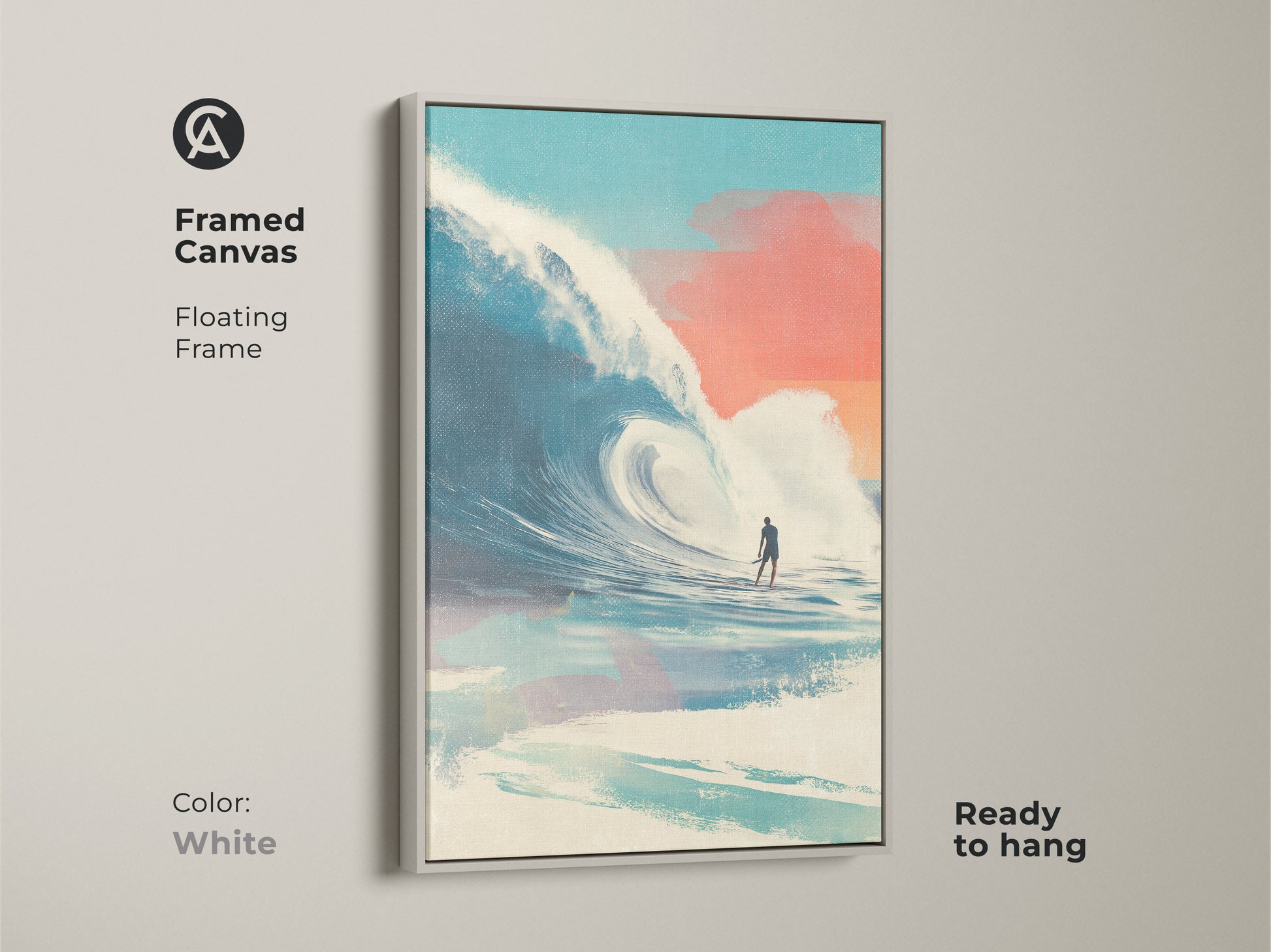 White framed canvas featuring surfing artwork. The art showcases a surfer riding a large wave. The floating frame offers a clean look. It's ready to hang. The artwork brings a fresh coastal vibe to any room. Perfect for minimalist decor styles.
