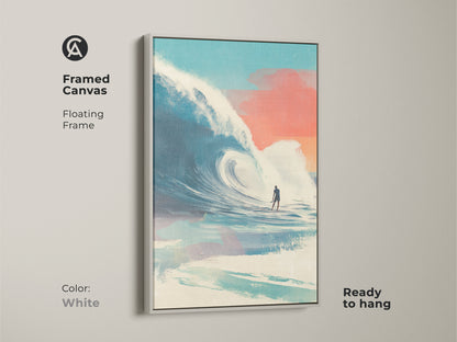 White framed canvas featuring surfing artwork. The art showcases a surfer riding a large wave. The floating frame offers a clean look. It's ready to hang. The artwork brings a fresh coastal vibe to any room. Perfect for minimalist decor styles.